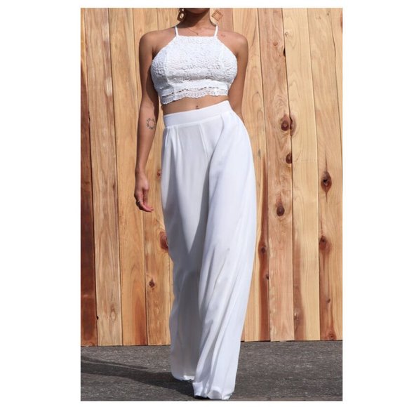Boho White Crochet Lace Strappy Back Top Wide Leg Pants Set 2 Piece Outfit - Picture 2 of 6
